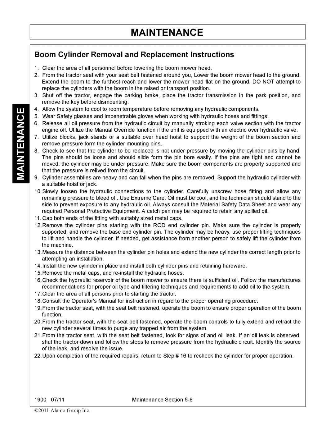 Alamo 1900 manual Boom Cylinder Removal and Replacement Instructions 