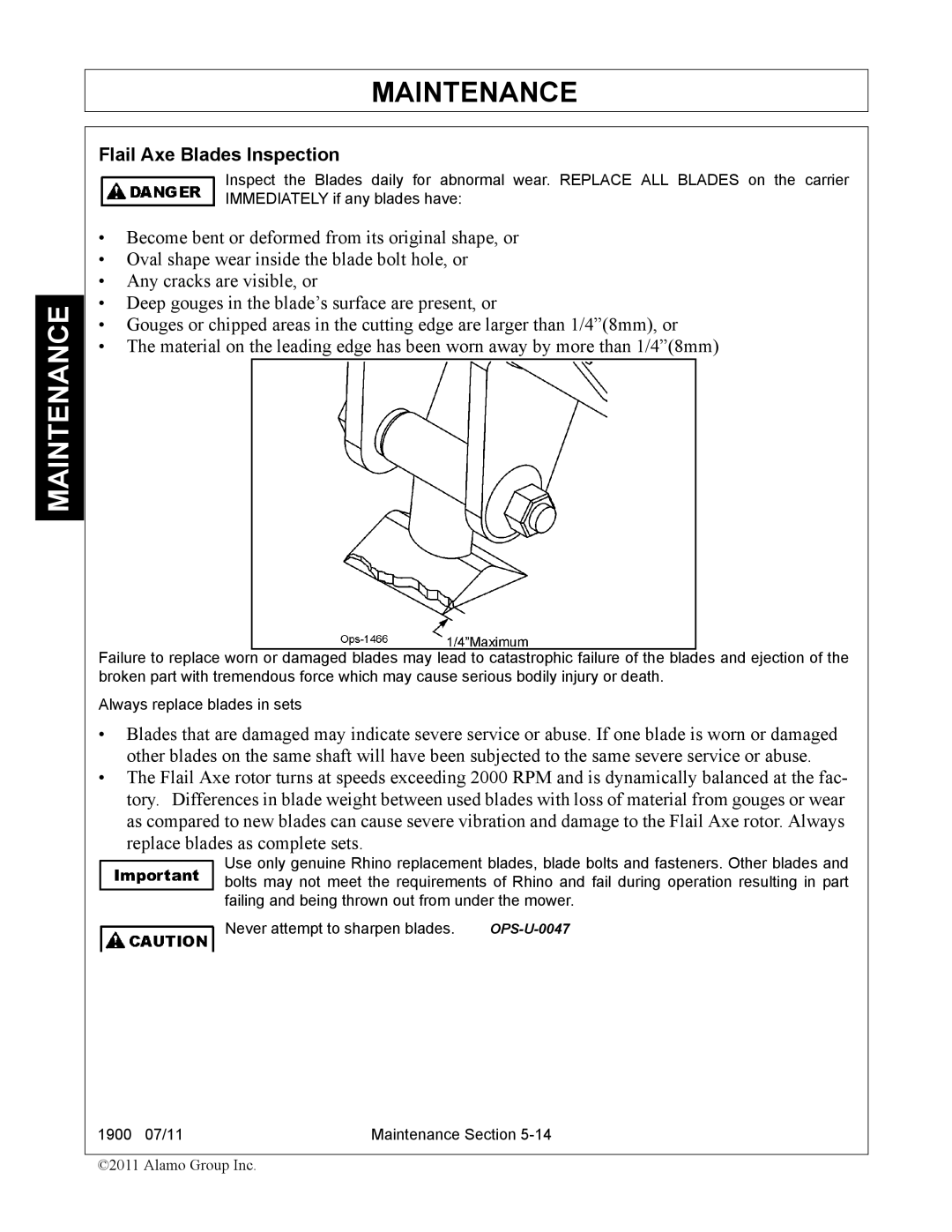 Alamo 1900 manual Flail Axe Blades Inspection 