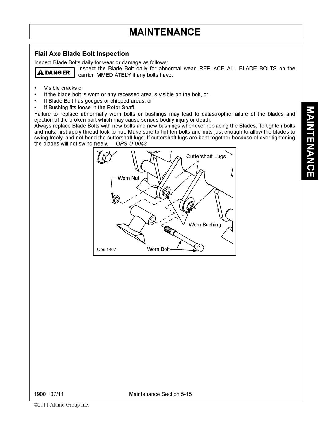 Alamo 1900 manual Flail Axe Blade Bolt Inspection 