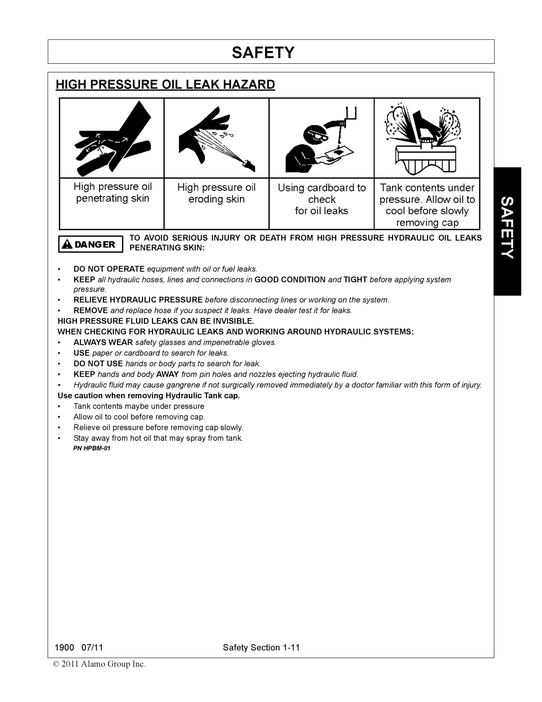 Alamo 1900 manual High Pressure OIL Leak Hazard, Use caution when removing Hydraulic Tank cap 