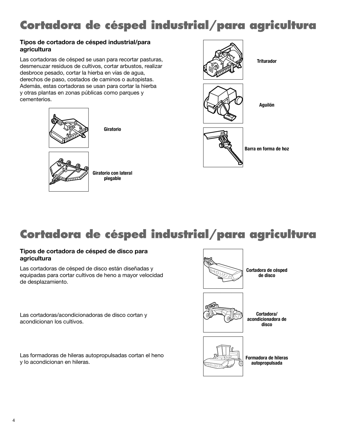 Alamo 1900 manual Cortadora de césped industrial/para agricultura, Tipos de cortadora de césped industrial/para agricultura 