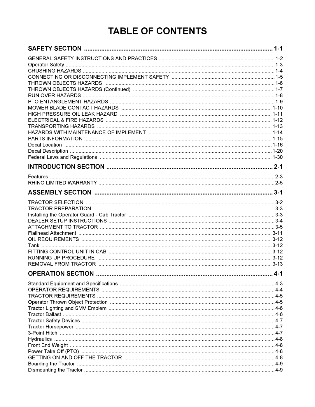 Alamo 1900 manual Table of Contents 