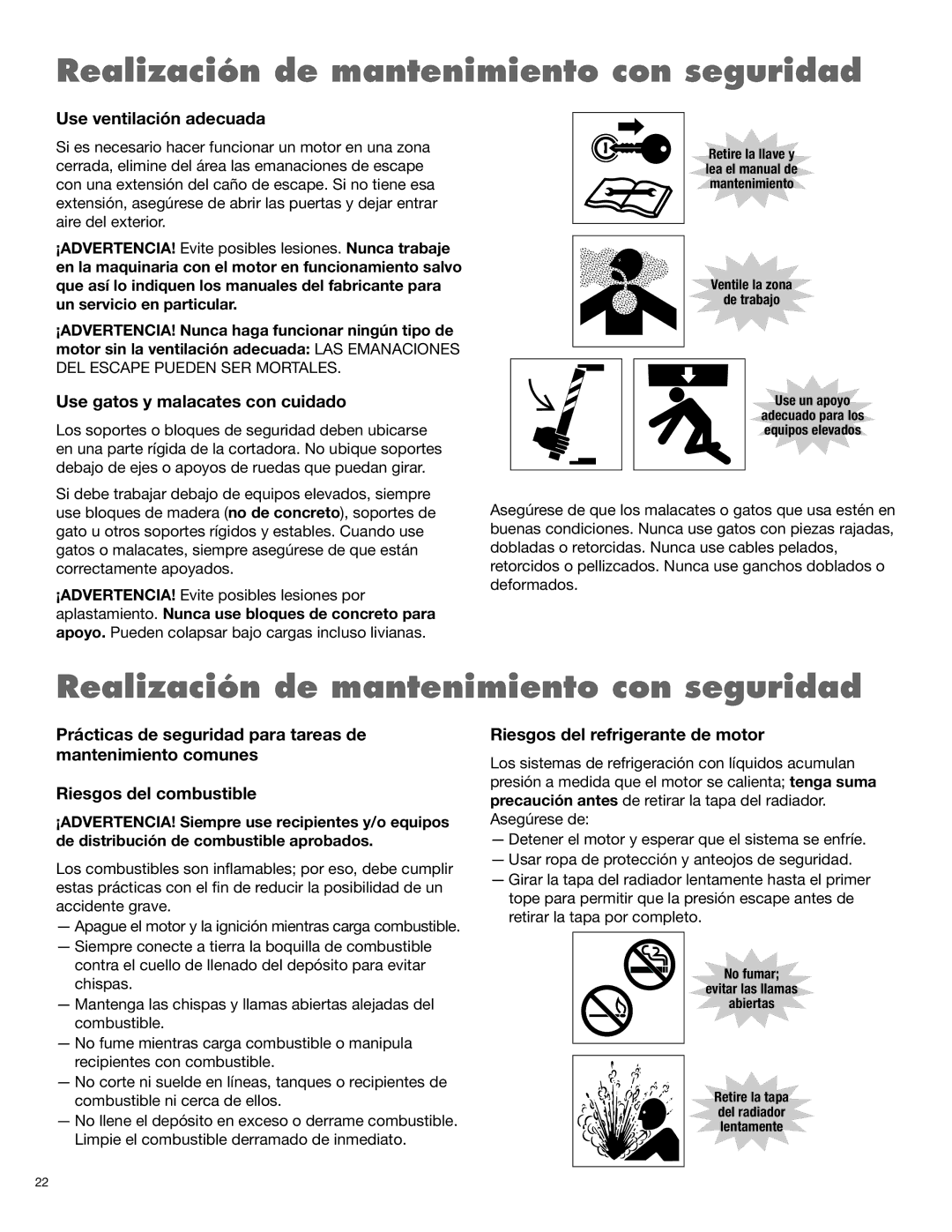 Alamo 1900 manual Use ventilación adecuada, Use gatos y malacates con cuidado, Riesgos del refrigerante de motor 