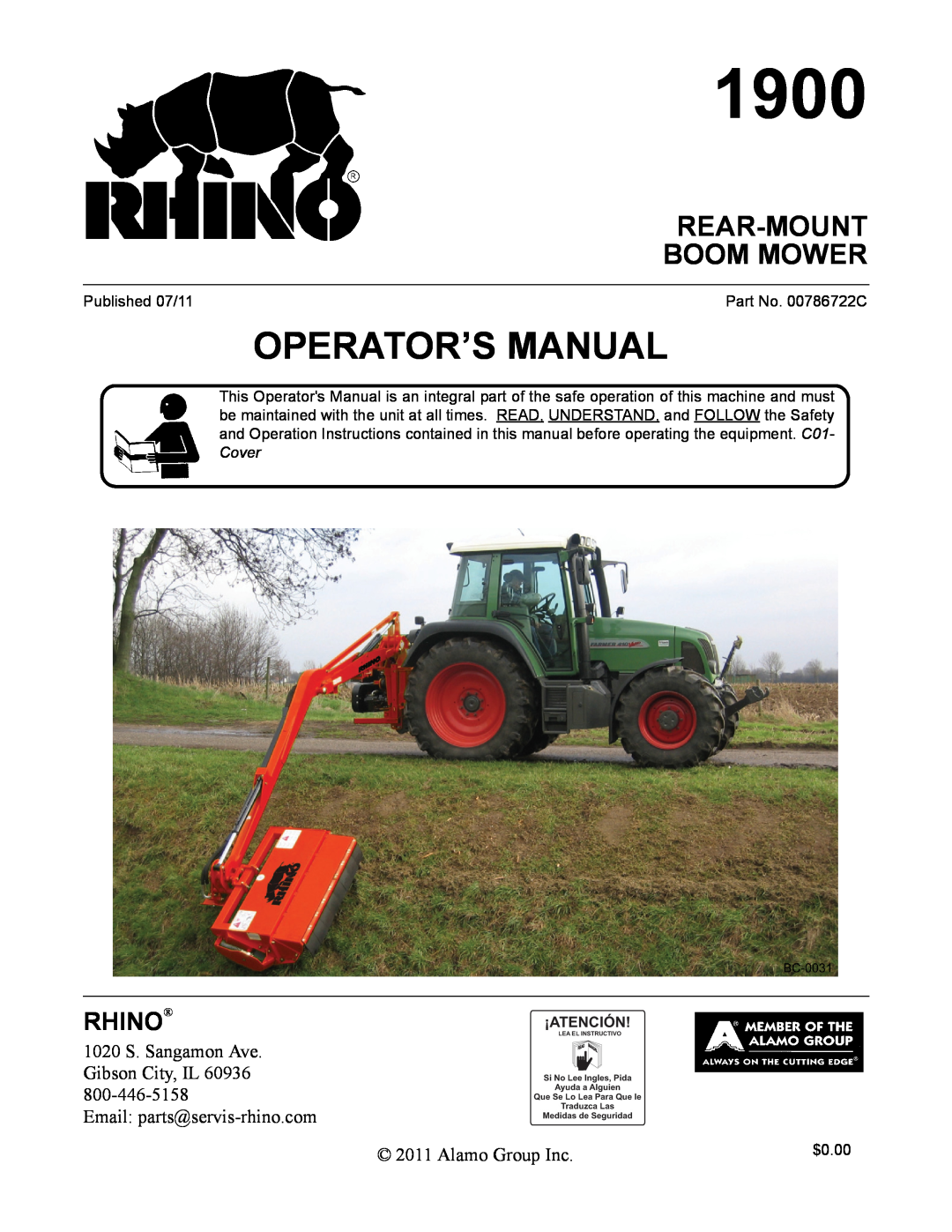 Alamo 1900 manual Rear-Mount Boom Mower, Rhino, Operator’S Manual 