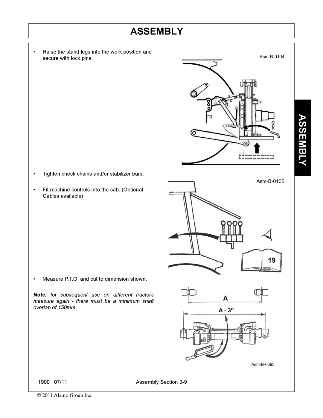 Alamo Assembly, •Tighten check chains and/or stabilizer bars, •Measure P.T.O. and cut to dimension shown, 1900 07/11 