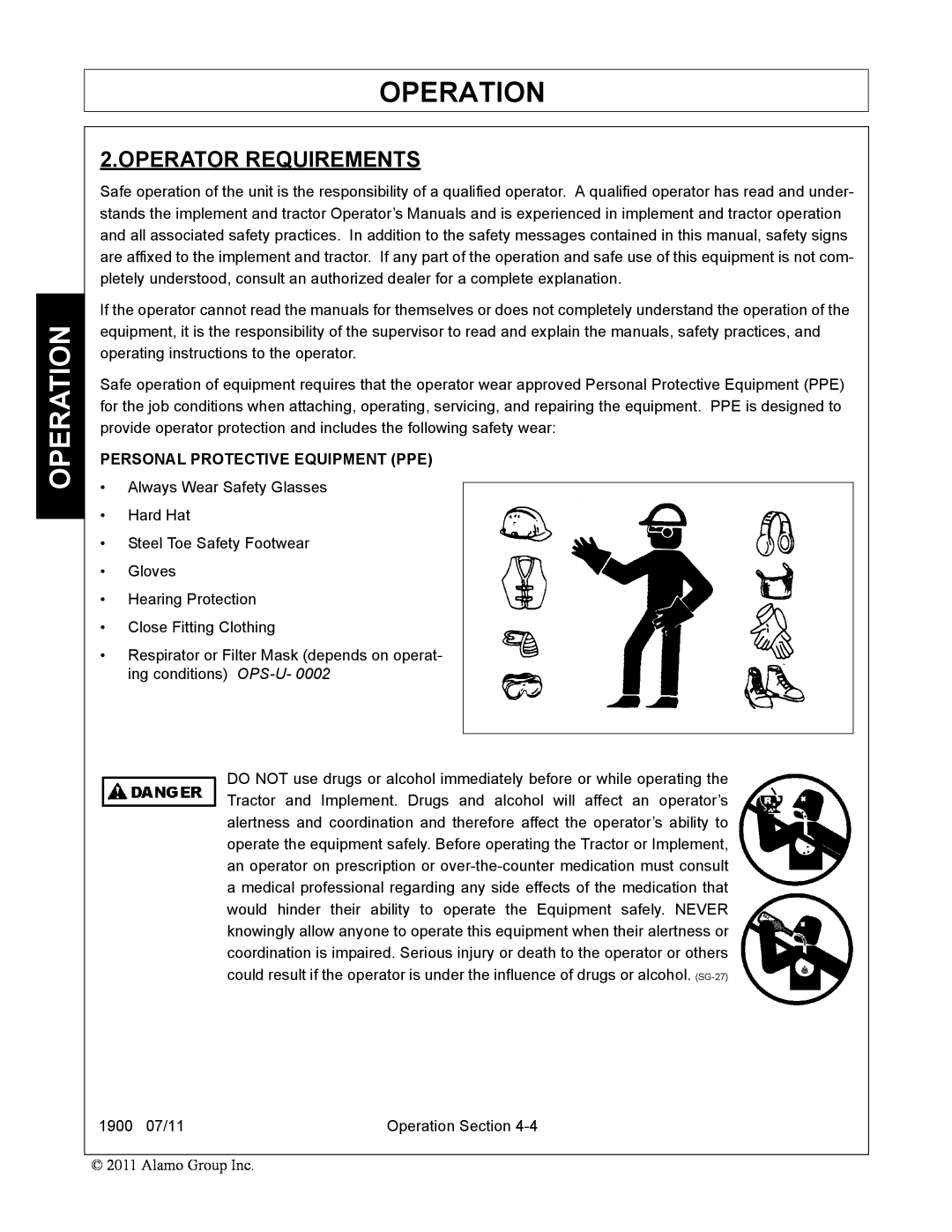 Alamo 1900 manual Operator Requirements, Operation, Personal Protective Equipment Ppe 