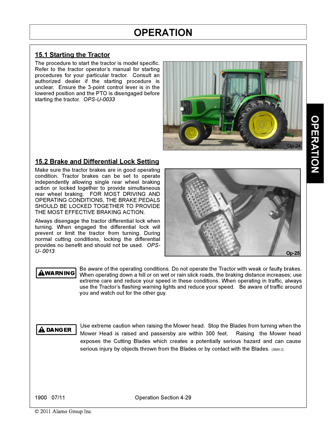 Alamo 1900 manual Operation, Starting the Tractor, Brake and Differential Lock Setting 