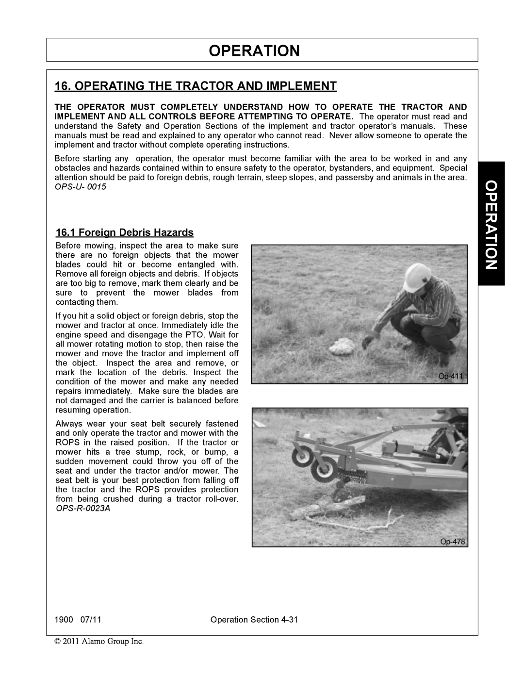 Alamo 1900 manual Operating The Tractor And Implement, Operation, Foreign Debris Hazards 