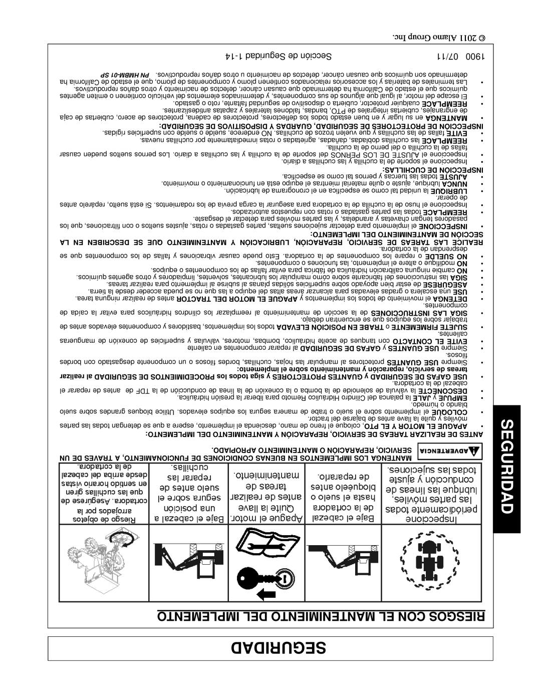 Alamo 1900 manual Implemento Del Mantenimiento El Con Riesgos, 14-1Seguridad de Sección, 07/11 