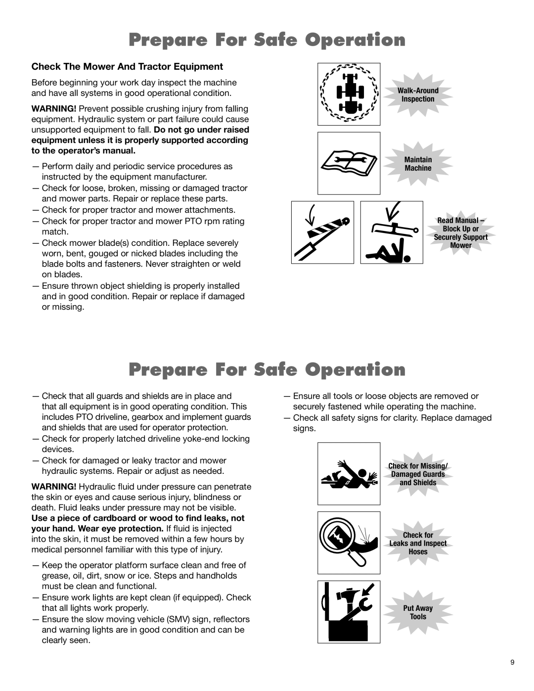 Alamo 1900 manual Prepare For Safe Operation, Check The Mower And Tractor Equipment 