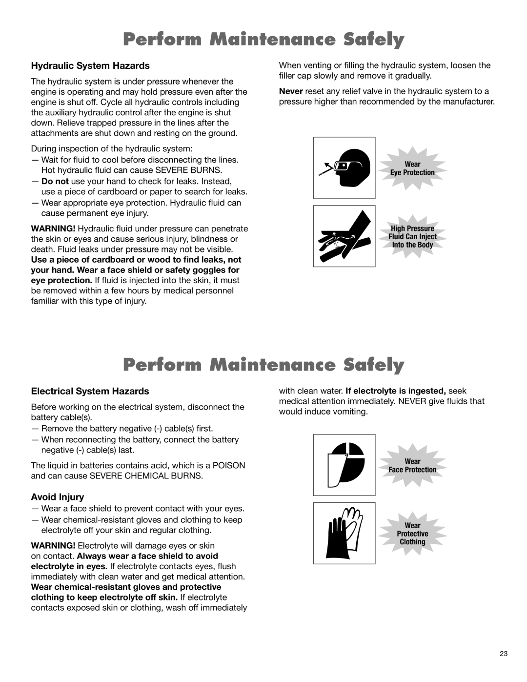 Alamo 1900 manual Perform Maintenance Safely, Hydraulic System Hazards, Electrical System Hazards, Avoid Injury 