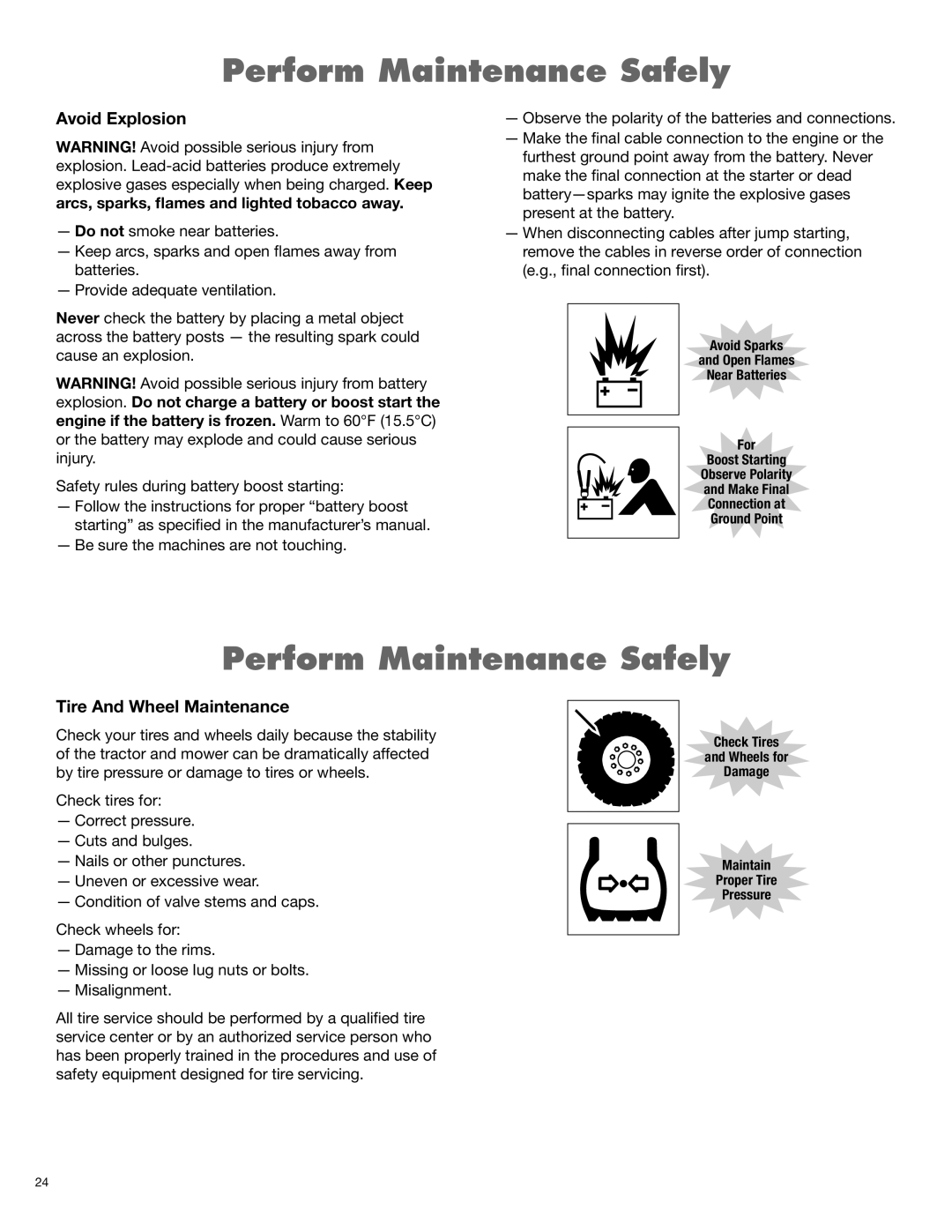 Alamo 1900 manual Perform Maintenance Safely, Avoid Explosion, Tire And Wheel Maintenance 