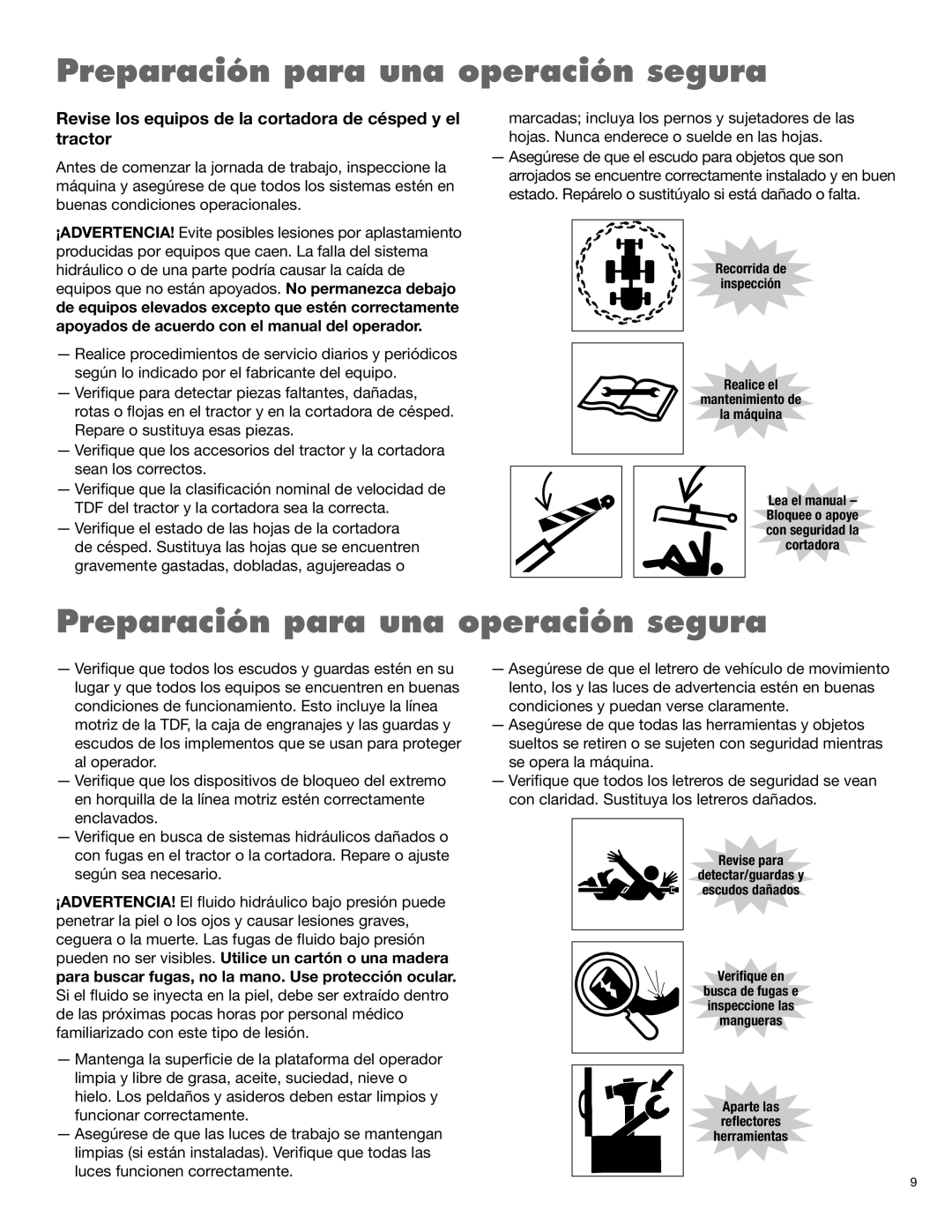 Alamo 1900 manual Preparación para una operación segura, Recorrida de inspección Realice el, mantenimiento de la máquina 