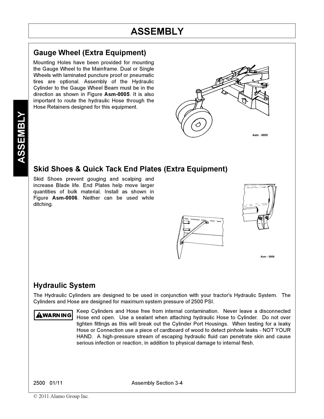 Alamo 2500 manual Gauge Wheel Extra Equipment, Skid Shoes & Quick Tack End Plates Extra Equipment, Hydraulic System 