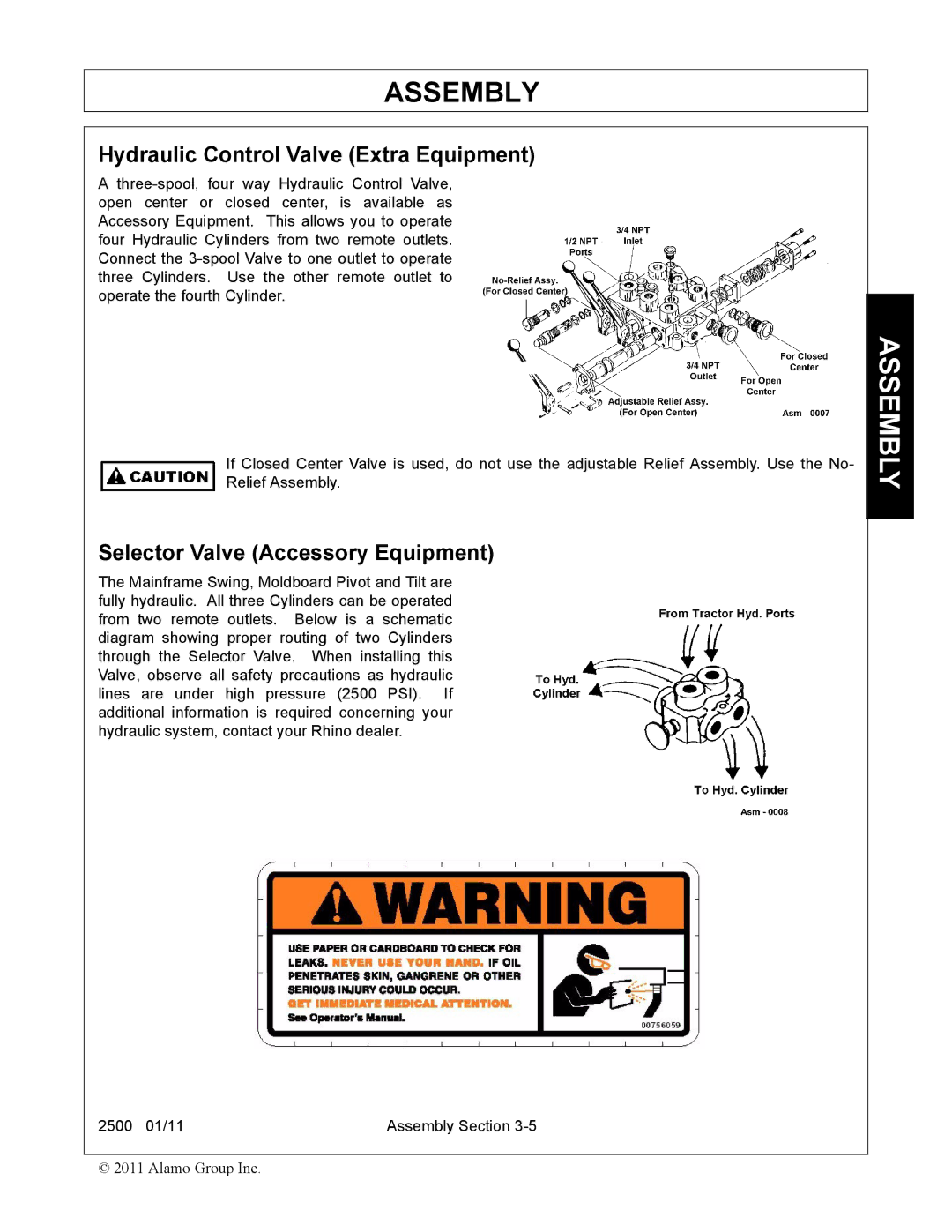 Alamo 2500 manual Hydraulic Control Valve Extra Equipment, Selector Valve Accessory Equipment 