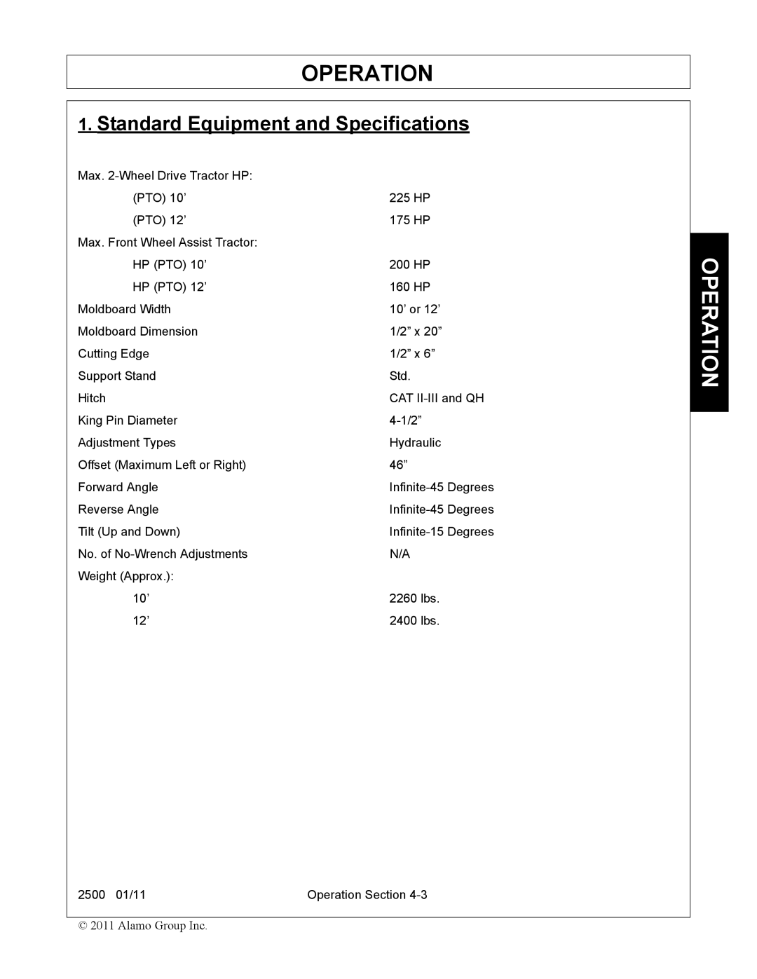 Alamo 2500 manual Operation, Standard Equipment and Specifications 