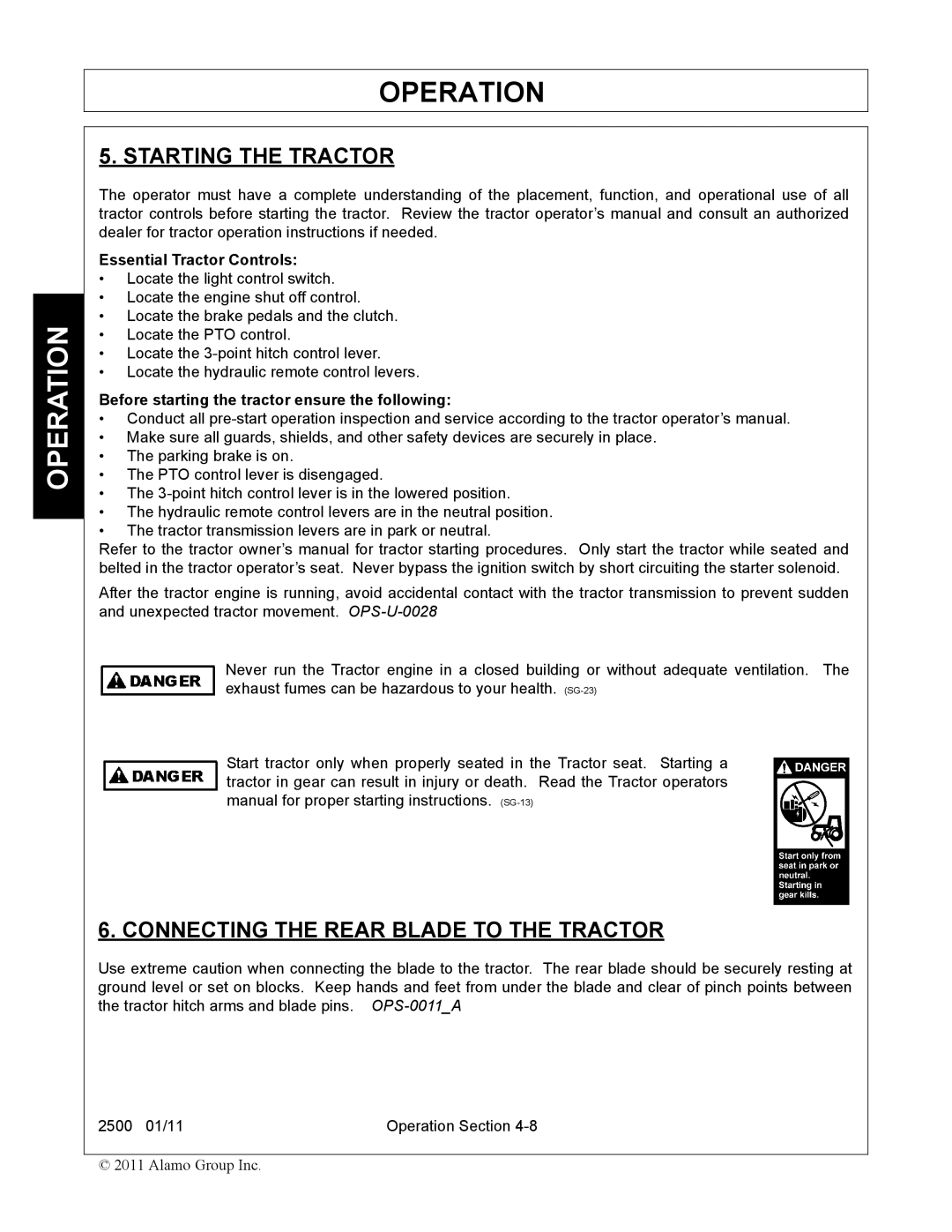 Alamo 2500 manual Starting the Tractor, Connecting the Rear Blade to the Tractor 