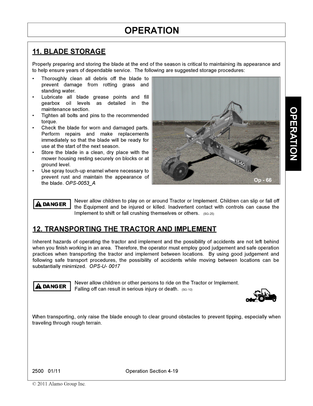 Alamo 2500 manual Blade Storage, Transporting the Tractor and Implement 