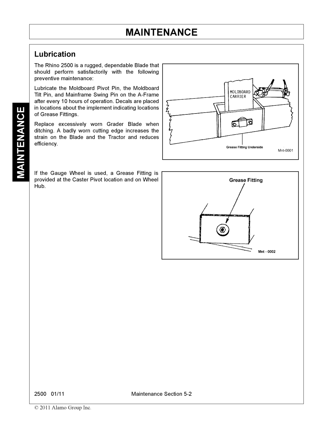 Alamo 2500 manual Maintenance, Lubrication 