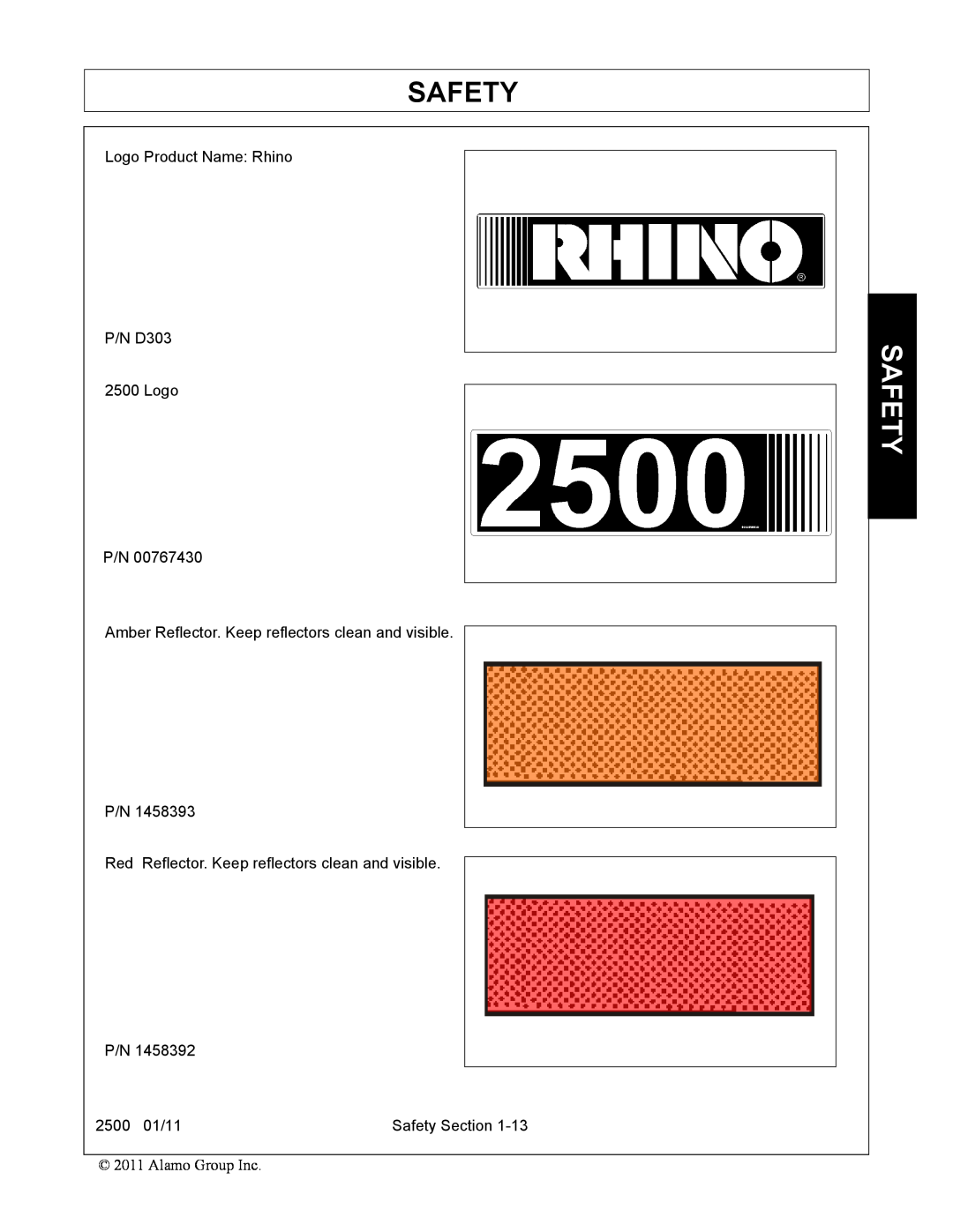 Alamo manual Safety, Logo Product Name Rhino P/N D303 2500 Logo P/N, Red Reflector. Keep reflectors clean and visible 
