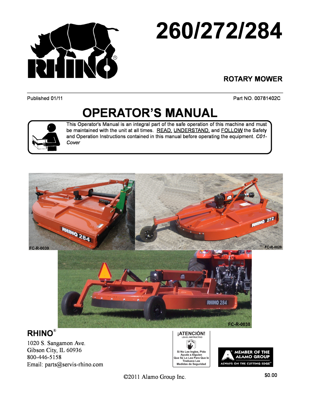 Alamo manual 260/272/284, Rhino, Rotary Mower, Operator’S Manual 