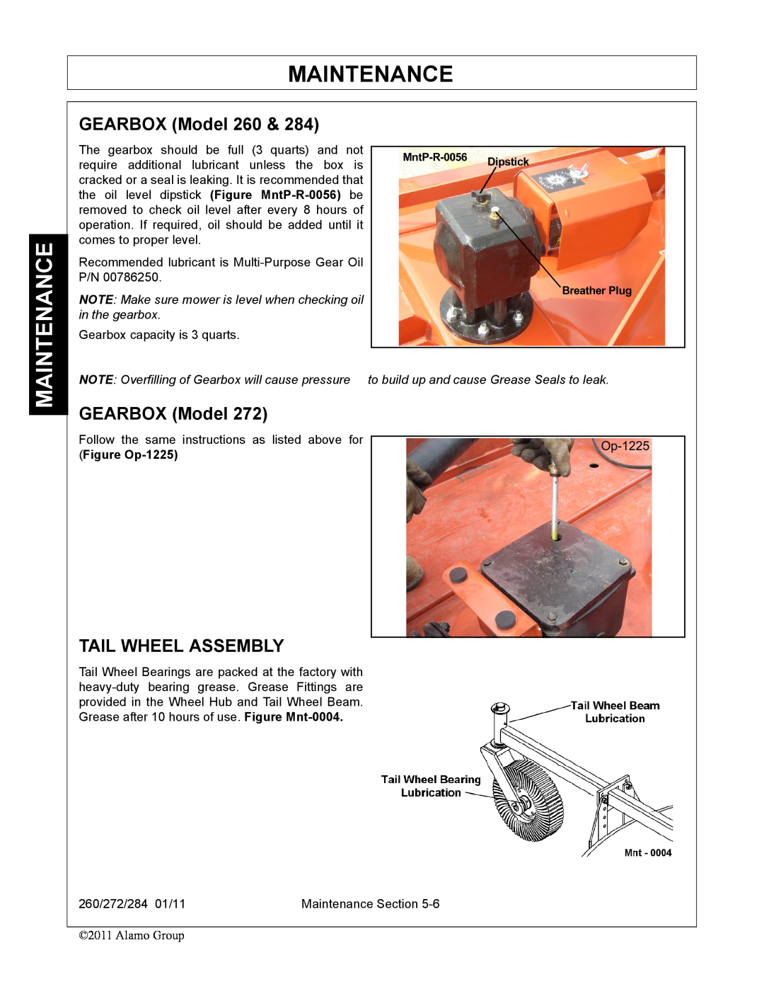 Alamo 284, 272 manual GEARBOX Model 260, Tail Wheel Assembly, Maintenance 