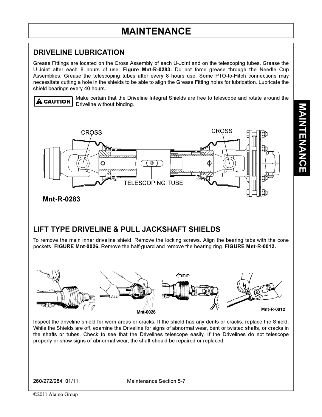 Alamo 272, 284, 260 manual Driveline Lubrication, Lift Type Driveline & Pull Jackshaft Shields, Maintenance 