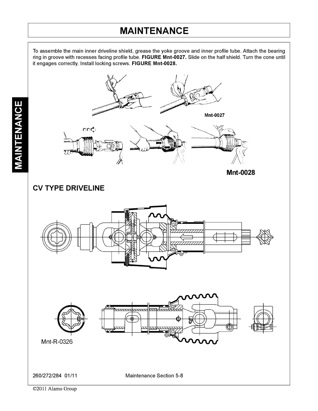 Alamo 284, 260, 272 manual Cv Type Driveline, Maintenance 