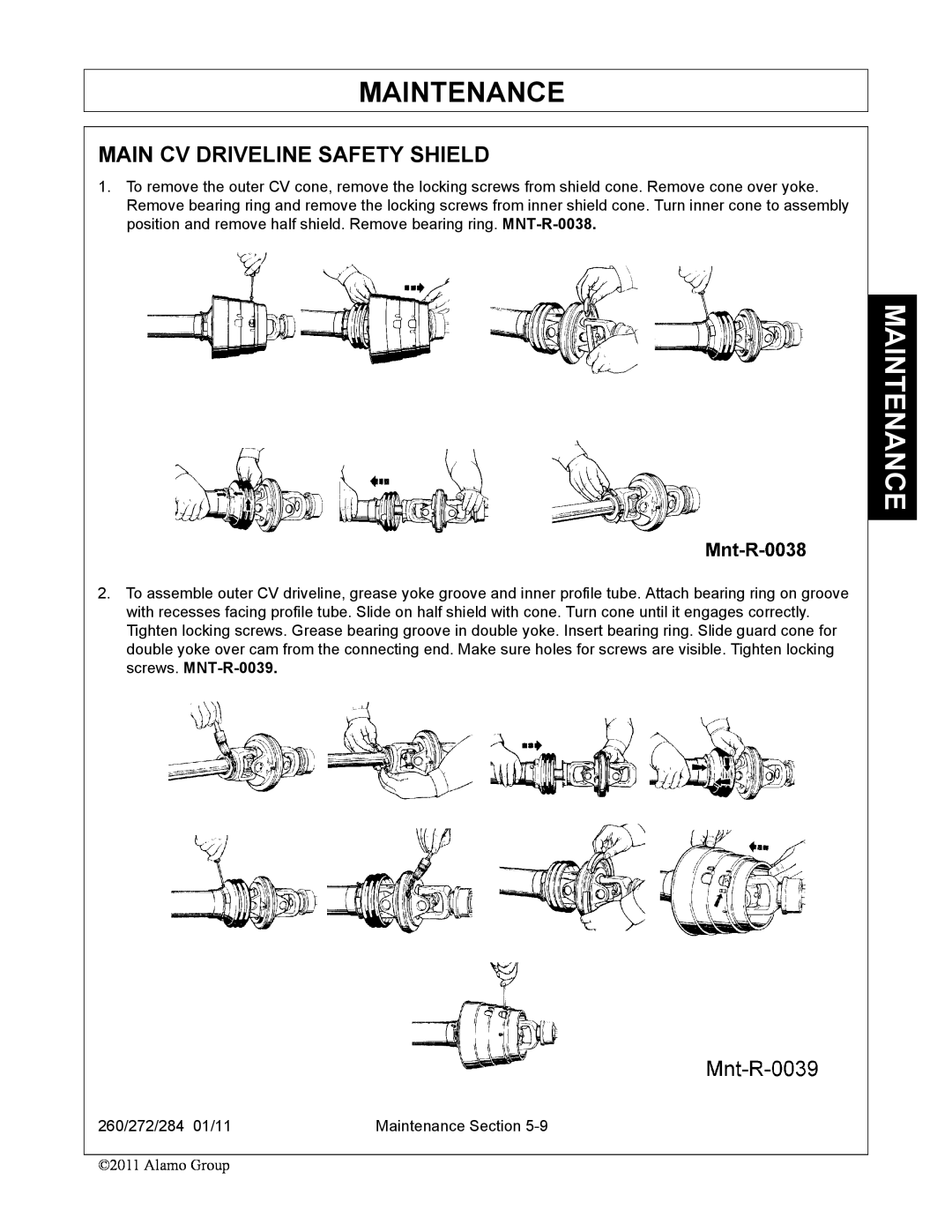 Alamo 260, 284, 272 manual Main Cv Driveline Safety Shield, Maintenance 
