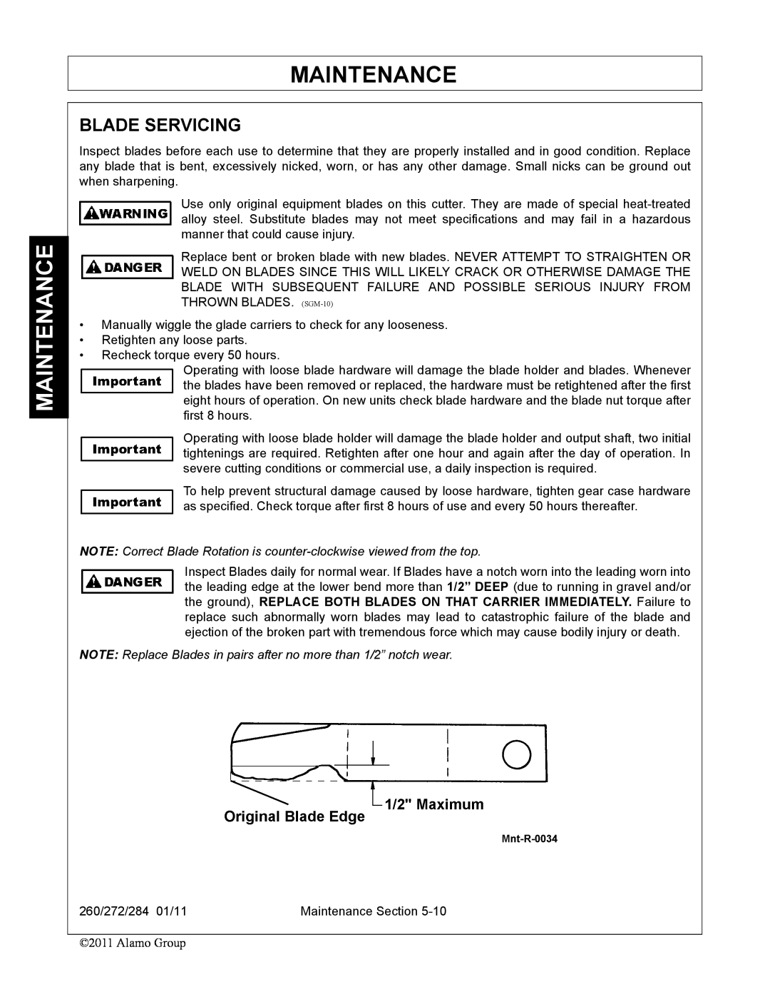 Alamo 272, 284, 260 manual Blade Servicing, Maintenance, NOTE Correct Blade Rotation is counter-clockwise viewed from the top 