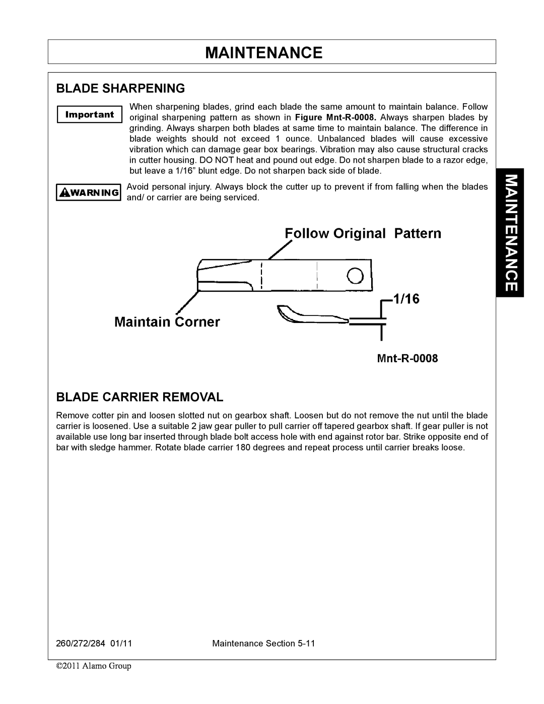 Alamo 284, 260, 272 manual Blade Sharpening, Blade Carrier Removal, Maintenance 