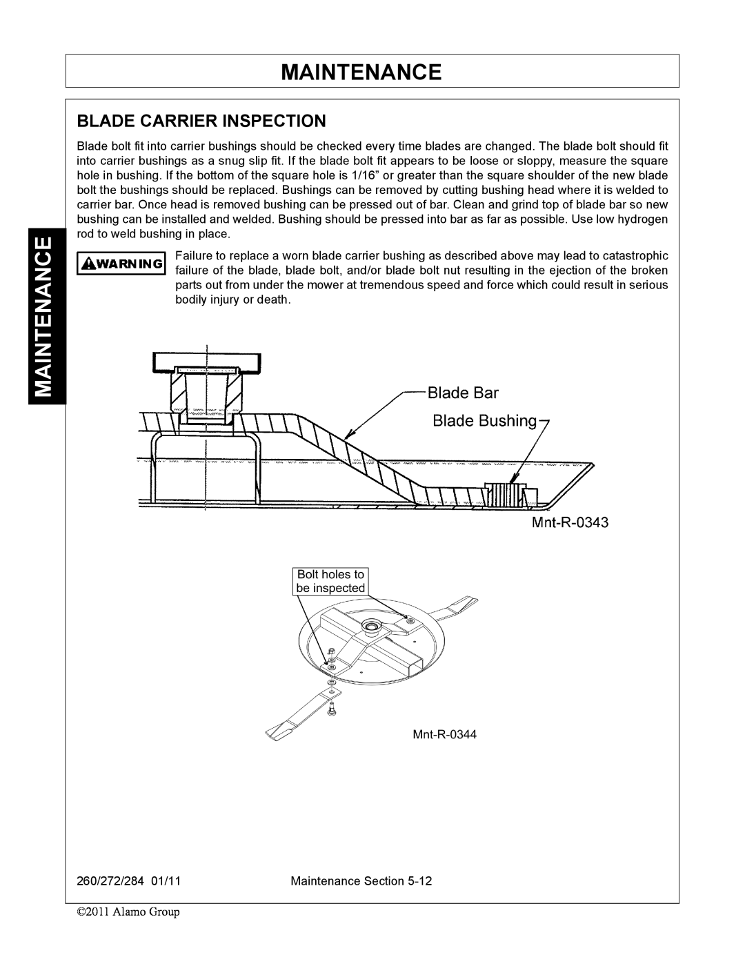 Alamo 260, 284, 272 manual Blade Carrier Inspection, Maintenance 