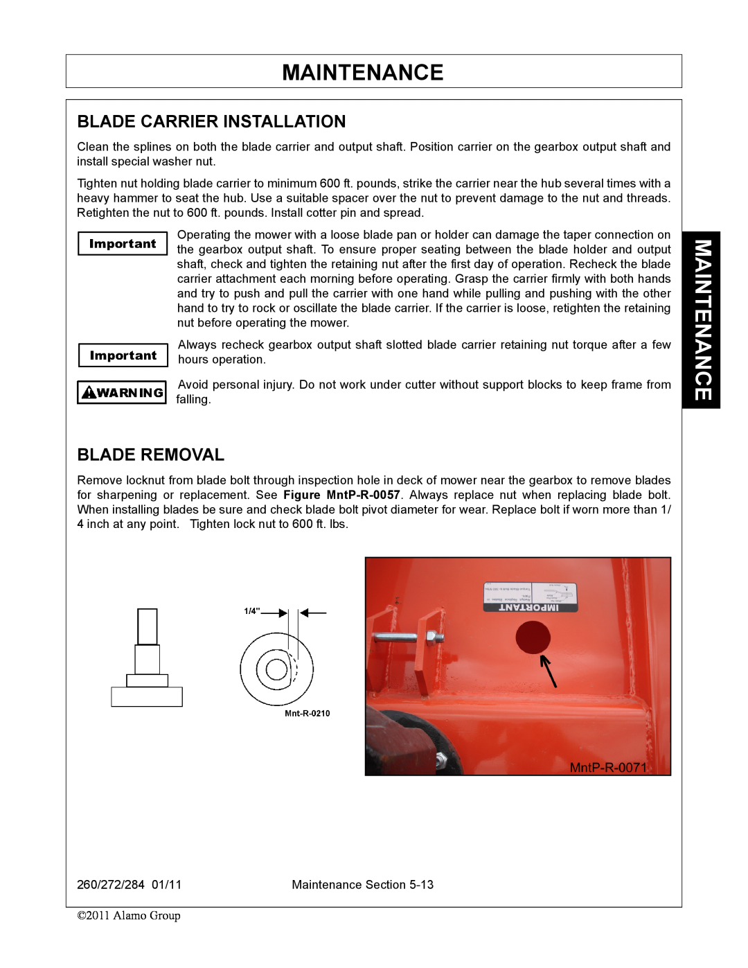 Alamo 272, 284, 260 manual Blade Carrier Installation, Blade Removal, Maintenance 