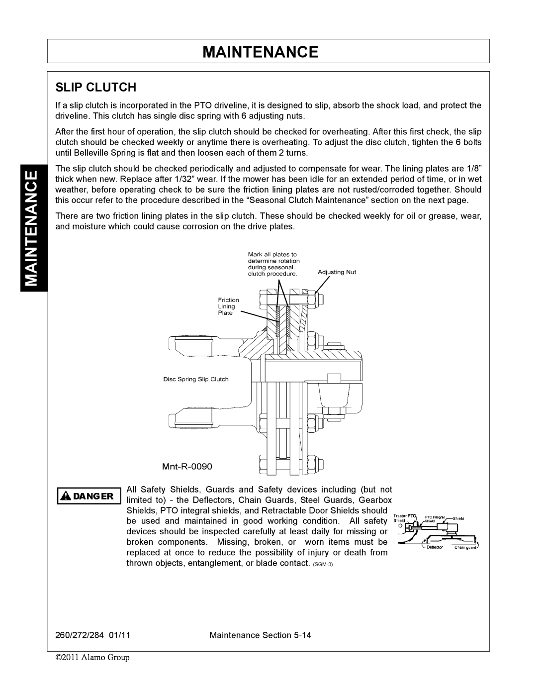 Alamo 284, 260, 272 manual Slip Clutch, Maintenance 