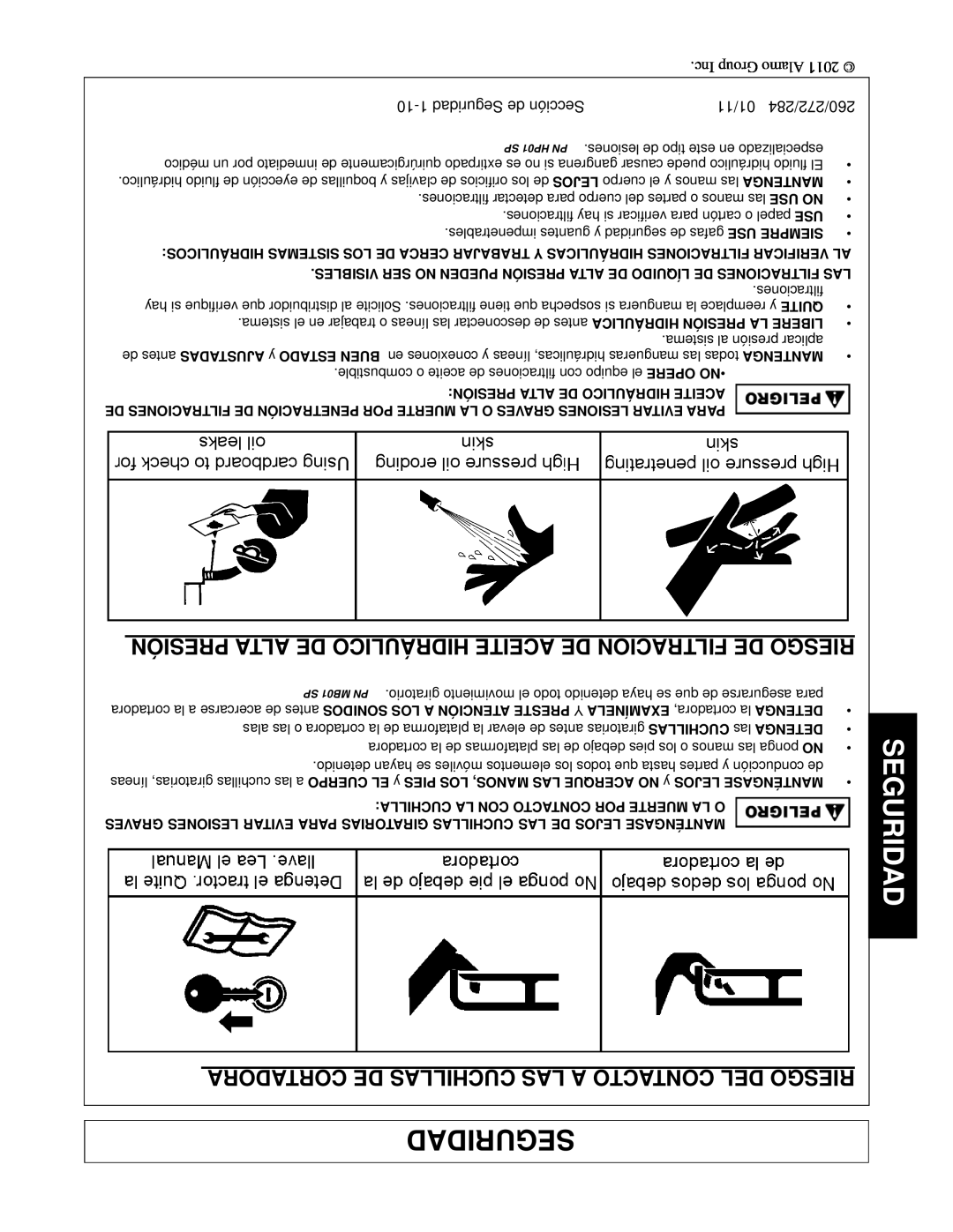 Alamo 260, 284, 272 manual Cortadora De Cuchillas Las A Contacto Del Riesgo, Seguridad, Presión Alta De Hidráulico Aceite 