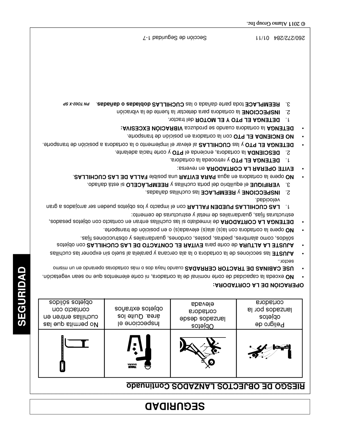 Alamo 260, 284, 272 manual Continuado LANZADOS OBJECTOS DE RIESGO, Seguridad, tractor del MOTOR EL Y PTO EL DETENGA, Evitar 