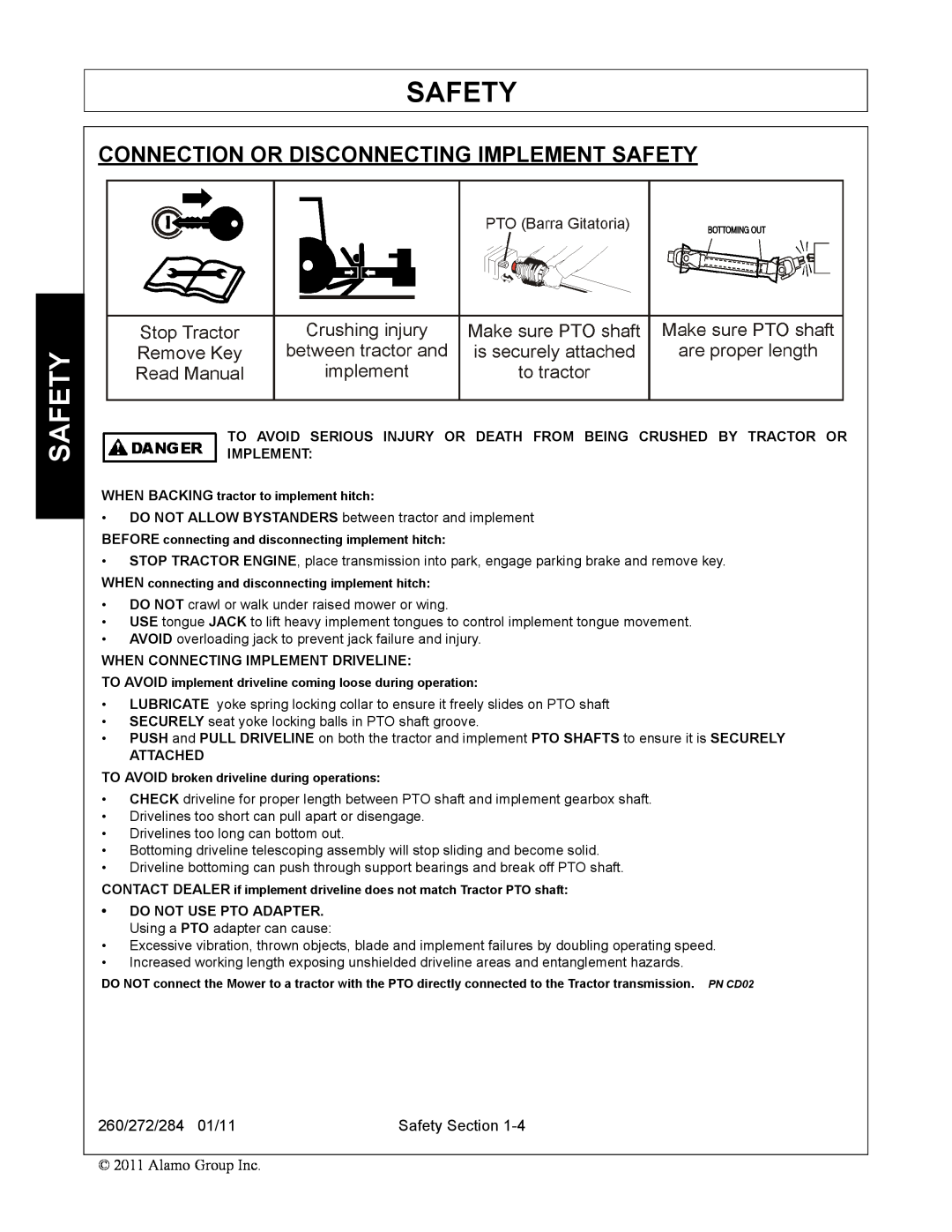 Alamo 272, 284, 260 manual Connection Or Disconnecting Implement Safety, When Connecting Implement Driveline, Attached 