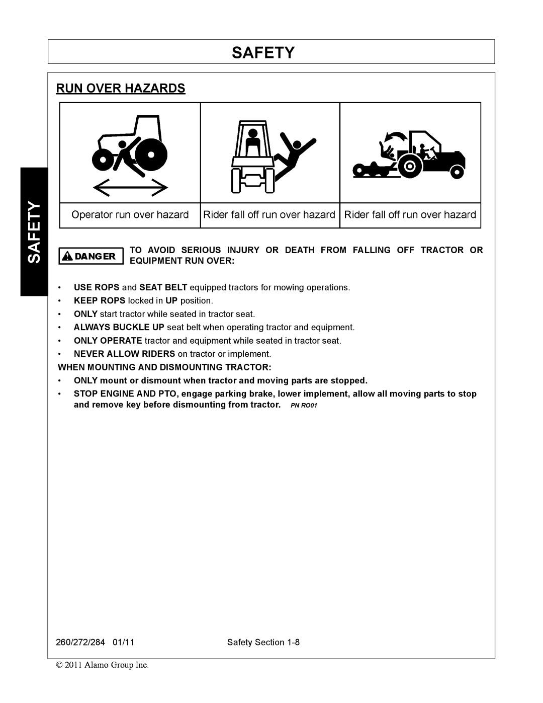 Alamo 284, 260, 272 manual Run Over Hazards, Safety, When Mounting And Dismounting Tractor 