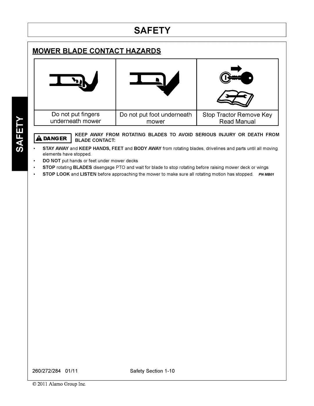 Alamo 272, 284, 260 manual Mower Blade Contact Hazards, Safety 