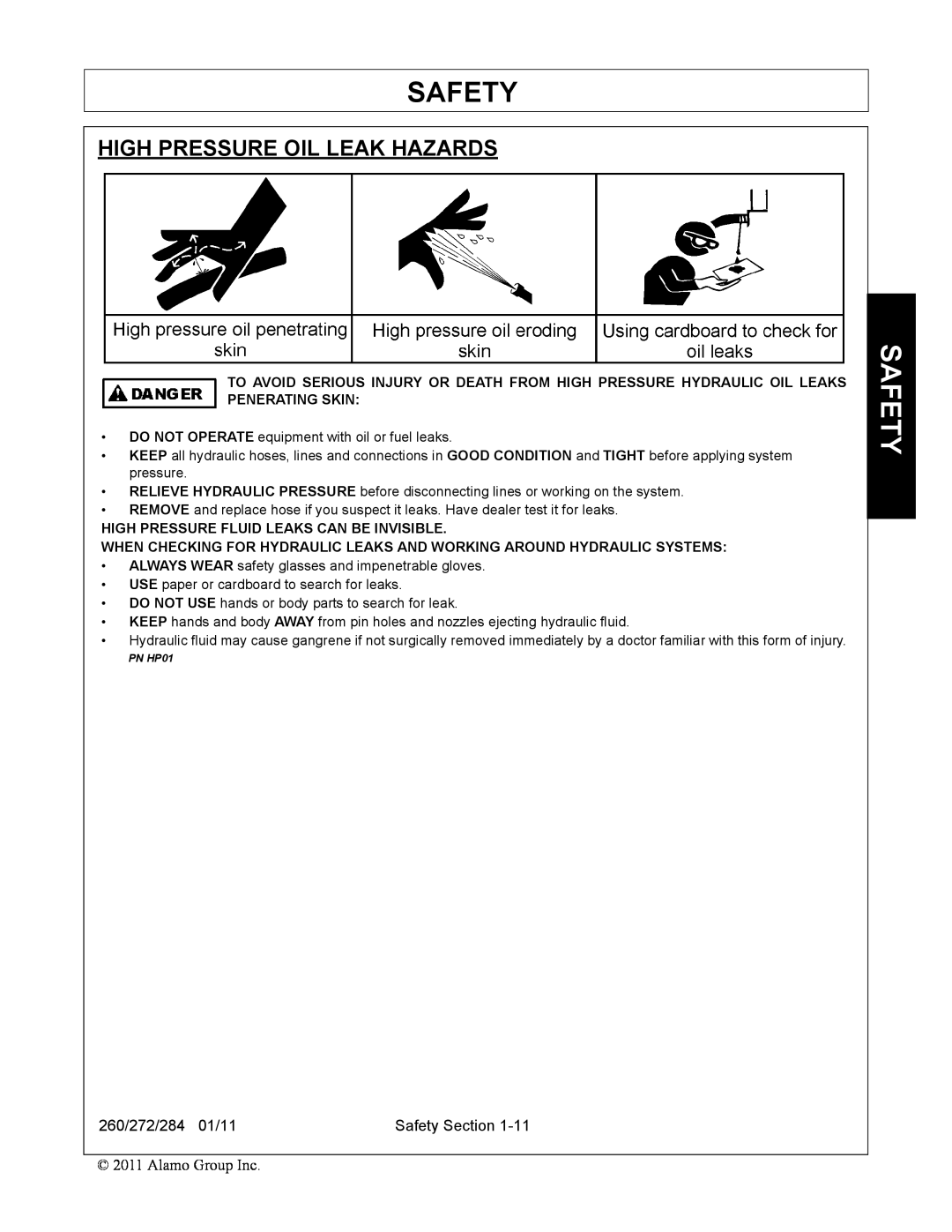 Alamo 284, 260, 272 manual High Pressure Oil Leak Hazards, Safety, High Pressure Fluid Leaks Can Be Invisible 