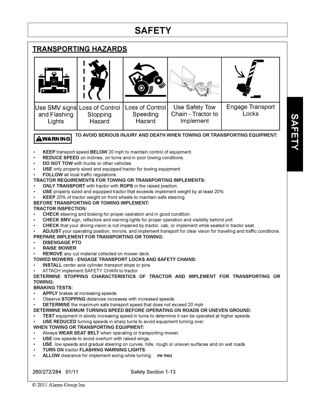 Alamo 272, 284, 260 Transporting Hazards, Safety, Tractor Requirements For Towing Or Transporting Implements, Raise Mower 