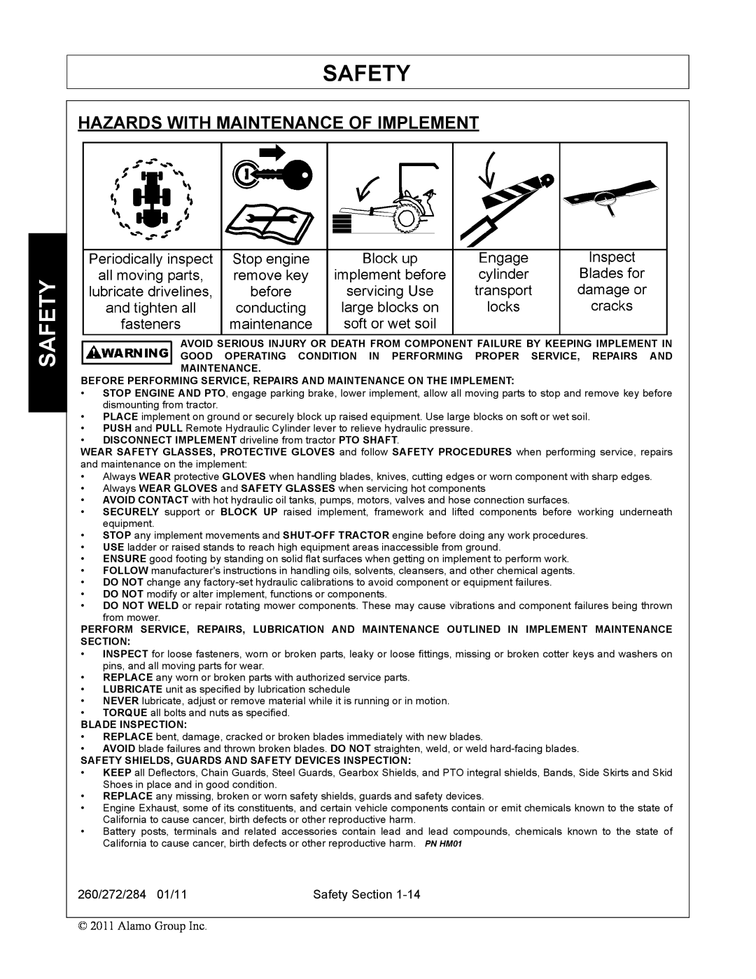 Alamo 284, 260, 272 Hazards With Maintenance Of Implement, Safety, DISCONNECT IMPLEMENT driveline from tractor PTO SHAFT 