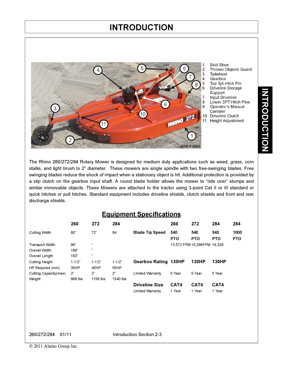 Alamo 260, 284, 272 manual Equipment Specifications, Introduction, Gearbox Rating 130HP, Driveline Size, CAT4 