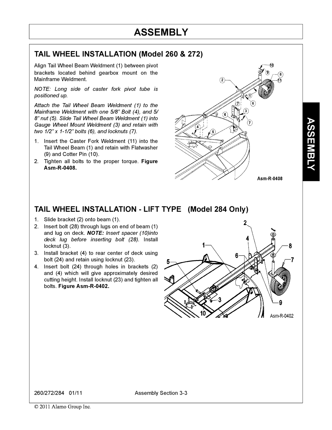 Alamo 272 TAIL WHEEL INSTALLATION Model 260, TAIL WHEEL INSTALLATION - LIFT TYPE Model 284 Only, Assembly, Asm-R-0408 