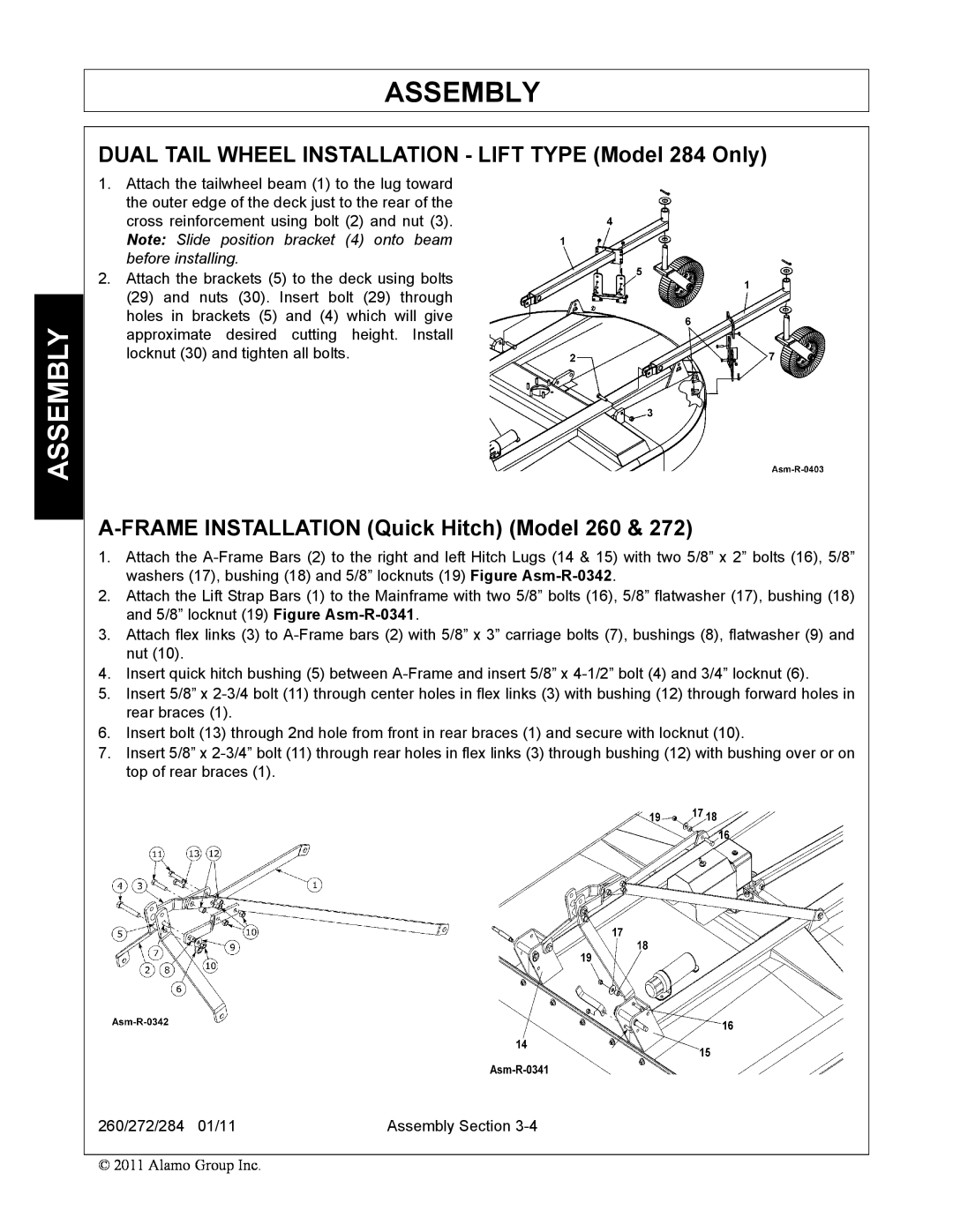 Alamo 272, 260 DUAL TAIL WHEEL INSTALLATION - LIFT TYPE Model 284 Only, A-FRAME INSTALLATION Quick Hitch Model, Assembly 