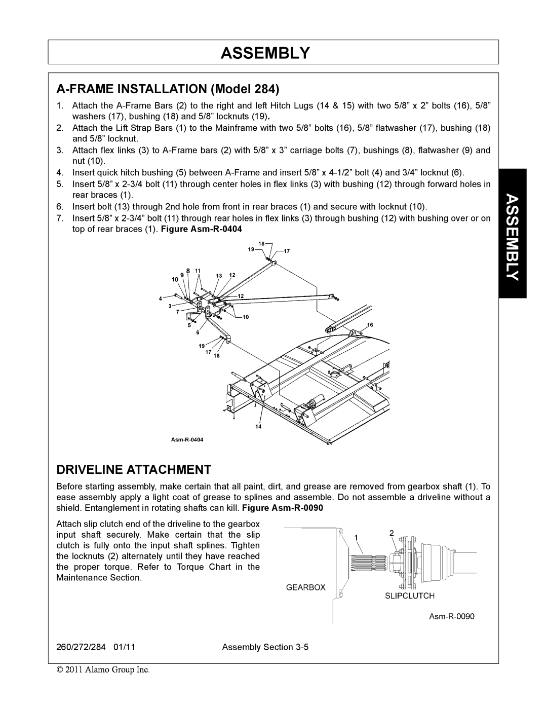 Alamo 284, 260, 272 manual A-FRAME INSTALLATION Model, Driveline Attachment, Assembly 