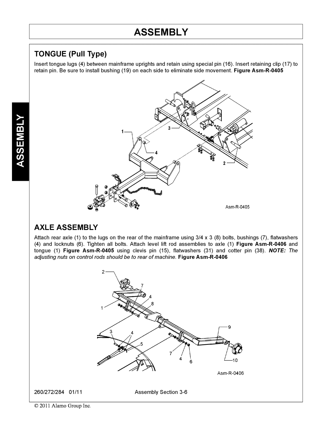 Alamo 260, 284, 272 manual TONGUE Pull Type, Axle Assembly 