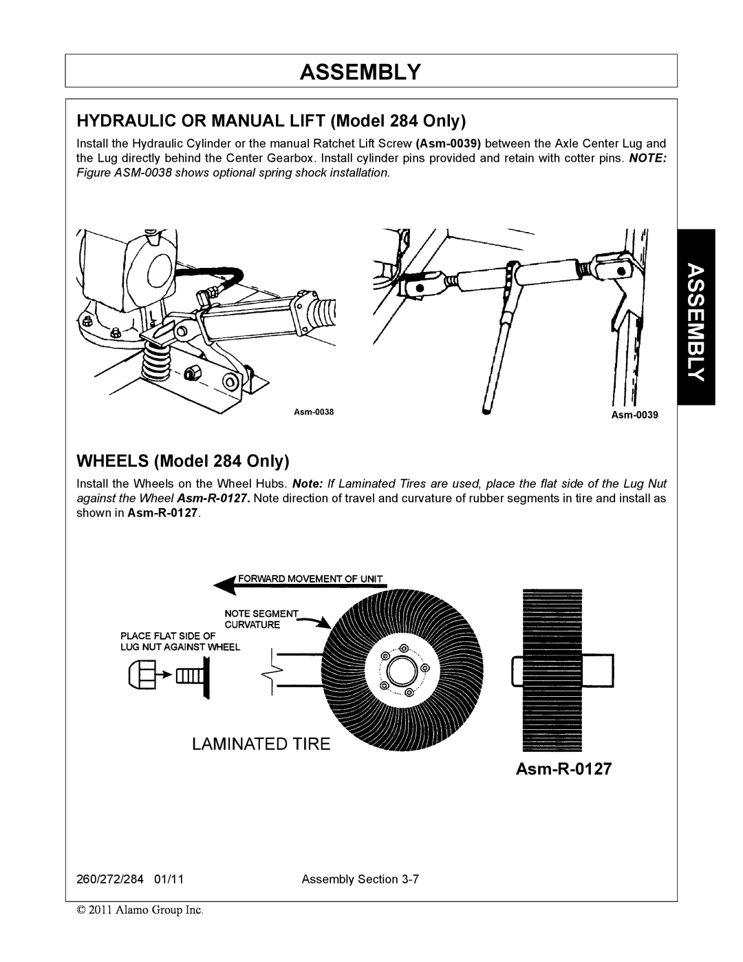 Alamo 272, 260 manual HYDRAULIC OR MANUAL LIFT Model 284 Only, WHEELS Model 284 Only, Assembly 