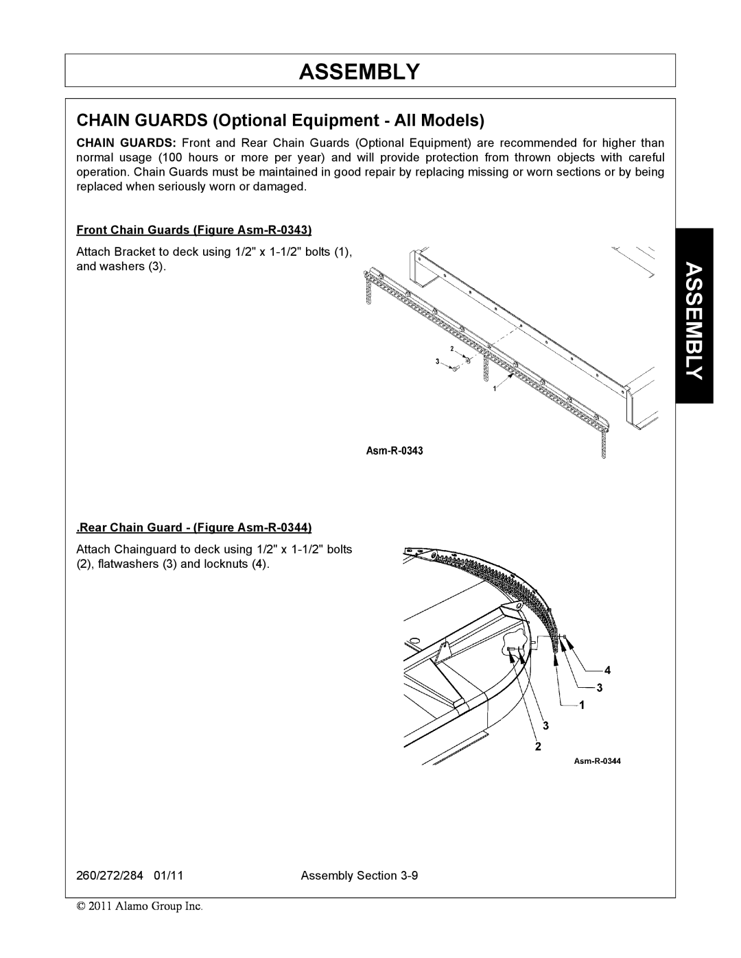 Alamo 260, 284, 272 manual CHAIN GUARDS Optional Equipment - All Models, Assembly, Front Chain Guards Figure Asm-R-0343 