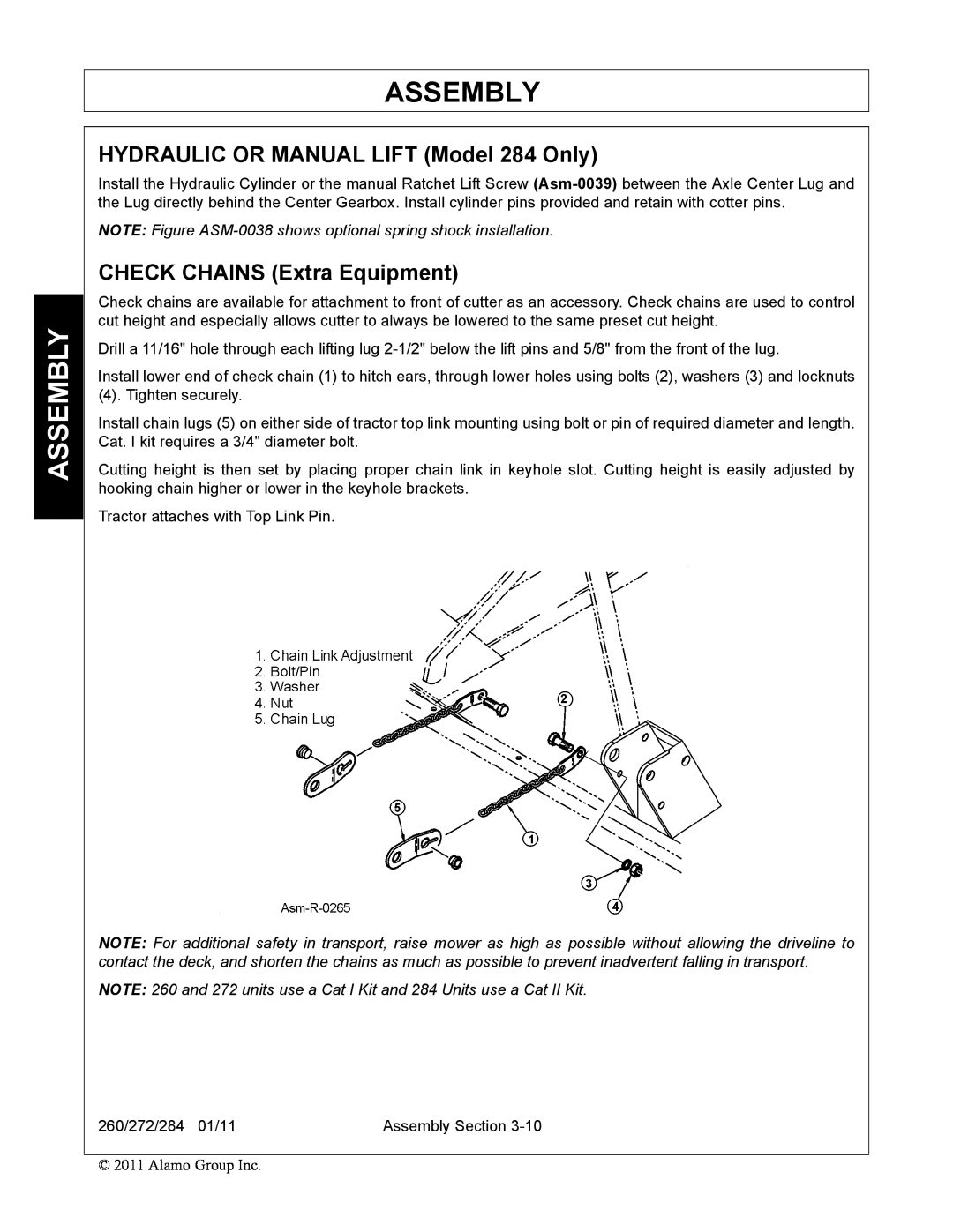 Alamo 272, 260 manual CHECK CHAINS Extra Equipment, Assembly, HYDRAULIC OR MANUAL LIFT Model 284 Only 